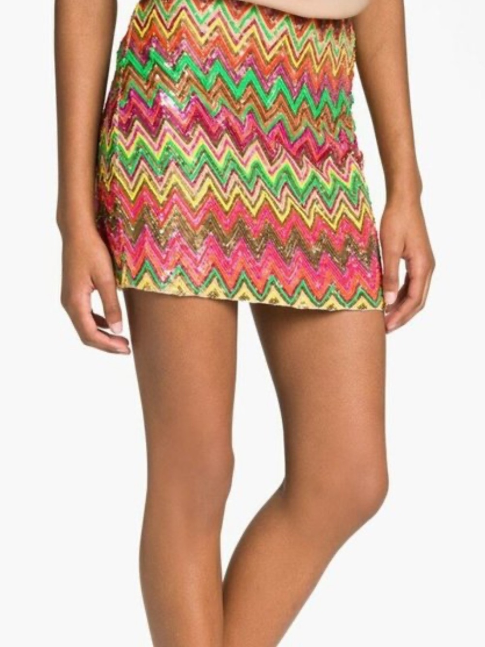 Haute Hippie Rainbow Sequins Silk Stretch ZigZag Disco Party Mini Skirt Sz M